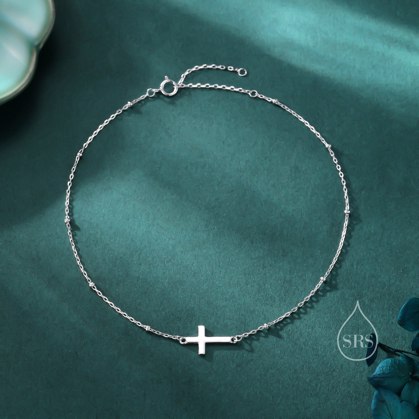 Dainty Cross Bracelet/Anklet with Satellite Chain in Sterling Silver, Silver or Gold or Rose Gold, Minimal Cross Bracelet, Minimalist