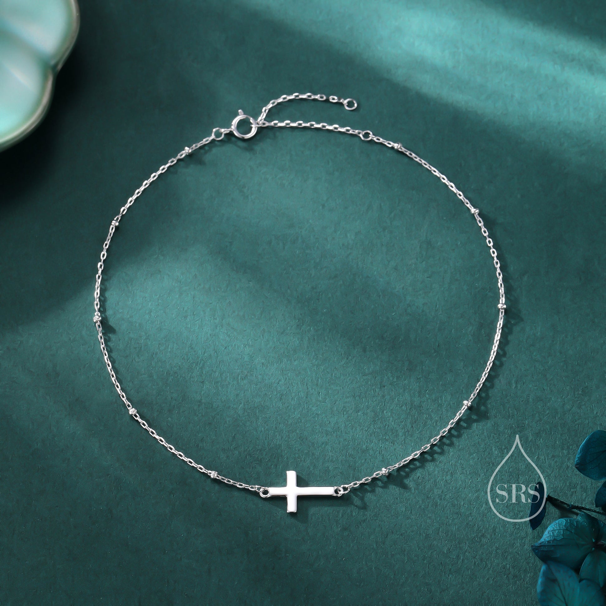 Dainty Cross Bracelet/Anklet with Satellite Chain in Sterling Silver, Silver or Gold or Rose Gold, Minimal Cross Bracelet, Minimalist