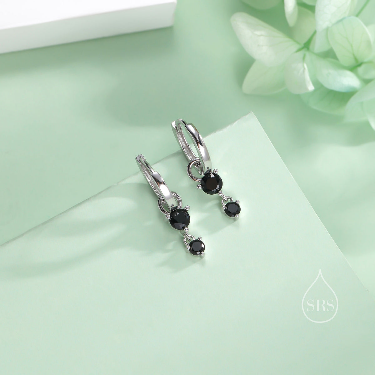 Double Black CZ Huggie Hoop Earrings in Sterling Silver, Silver or Gold, Detachable Charm Hoops, Geometric Hoop Earrings