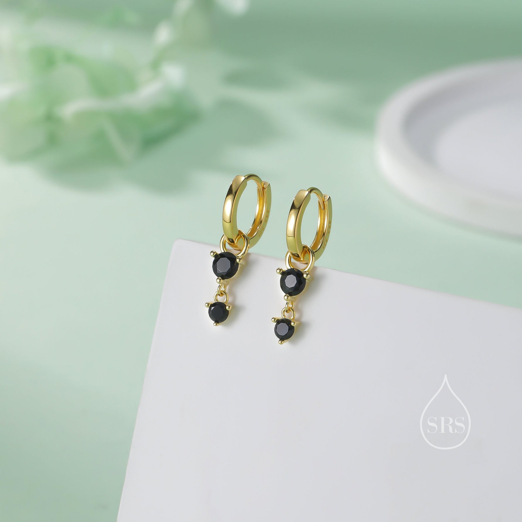 Double Black CZ Huggie Hoop Earrings in Sterling Silver, Silver or Gold, Detachable Charm Hoops, Geometric Hoop Earrings