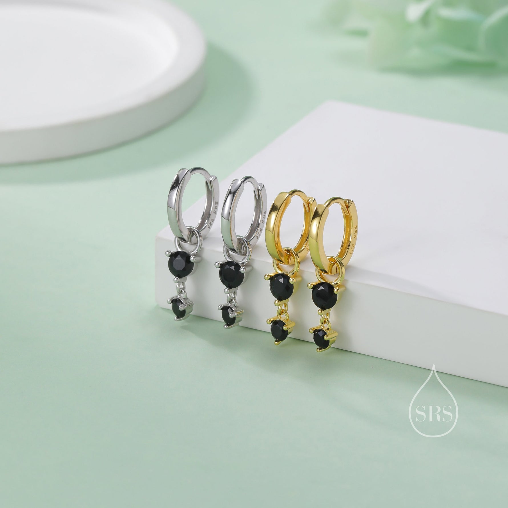 Double Black CZ Huggie Hoop Earrings in Sterling Silver, Silver or Gold, Detachable Charm Hoops, Geometric Hoop Earrings
