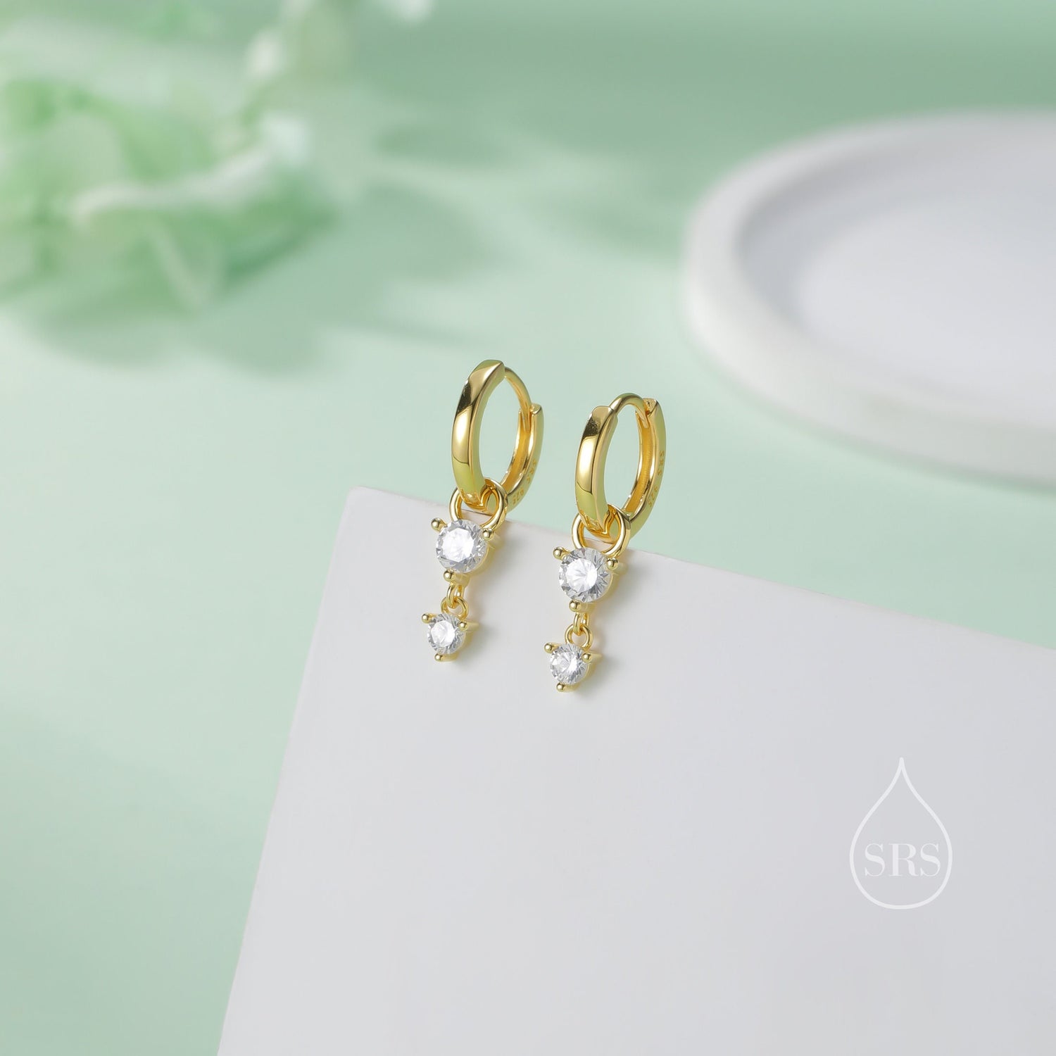 Double CZ Huggie Hoop Earrings in Sterling Silver, Silver or Gold, Detachable Charm Hoops, Geometric Hoop Earrings