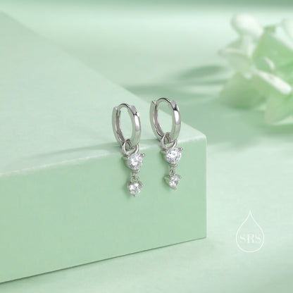 Double CZ Huggie Hoop Earrings in Sterling Silver, Silver or Gold, Detachable Charm Hoops, Geometric Hoop Earrings