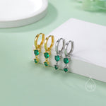 Double Emerald Green CZ Huggie Hoop Earrings in Sterling Silver, Silver or Gold, Detachable Charm Hoops, Geometric Hoop Earrings