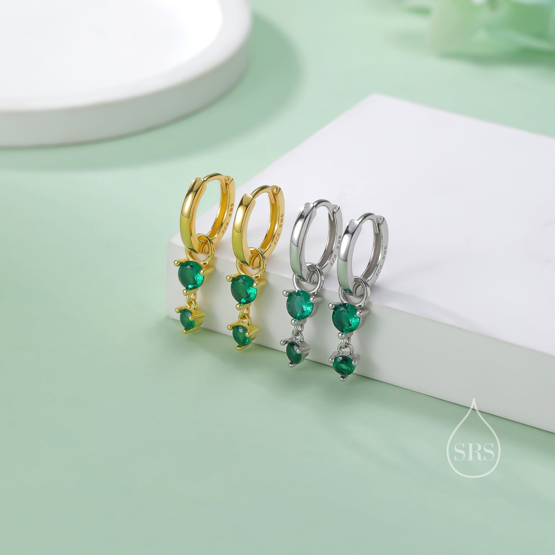 Double Emerald Green CZ Huggie Hoop Earrings in Sterling Silver, Silver or Gold, Detachable Charm Hoops, Geometric Hoop Earrings