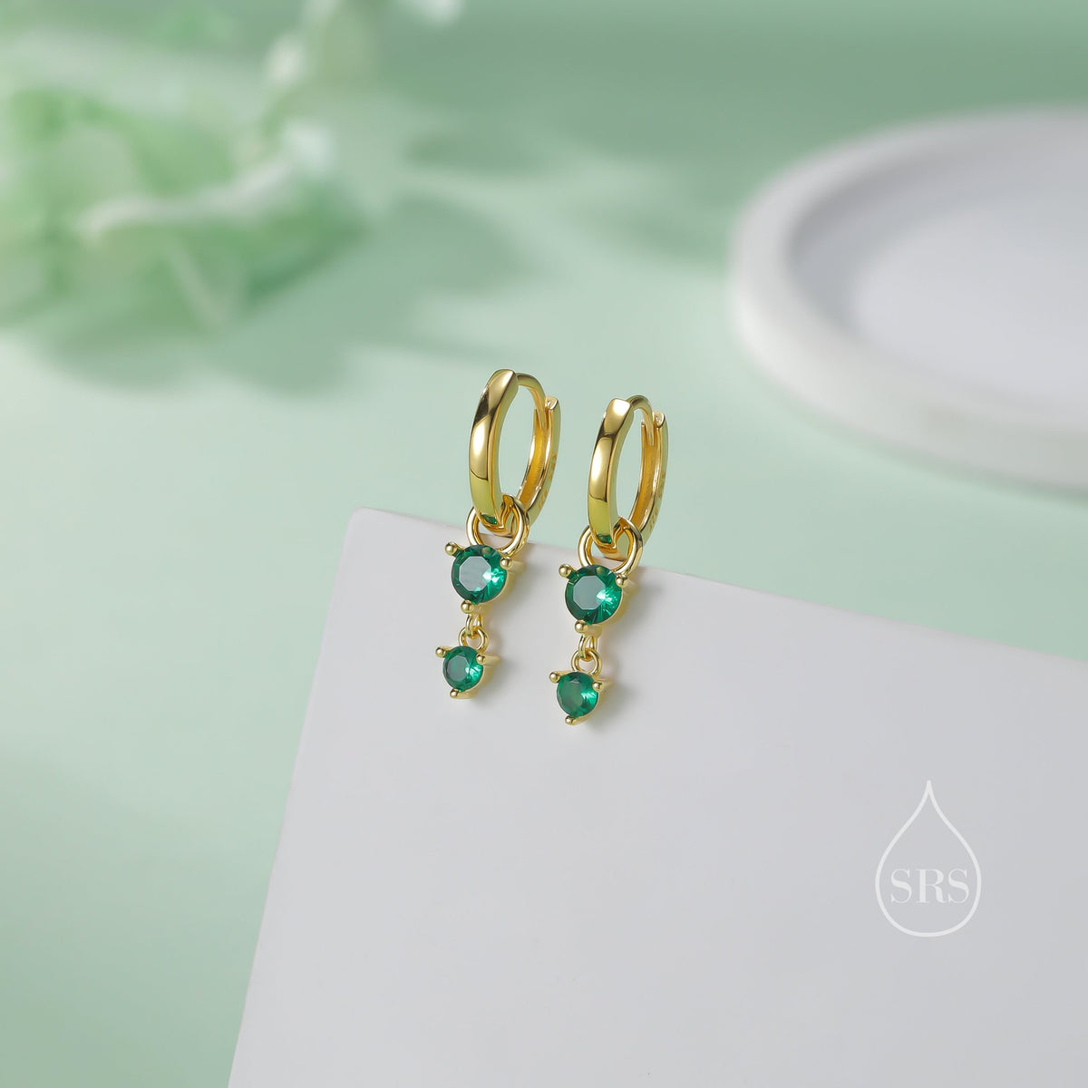 Double Emerald Green CZ Huggie Hoop Earrings in Sterling Silver, Silver or Gold, Detachable Charm Hoops, Geometric Hoop Earrings