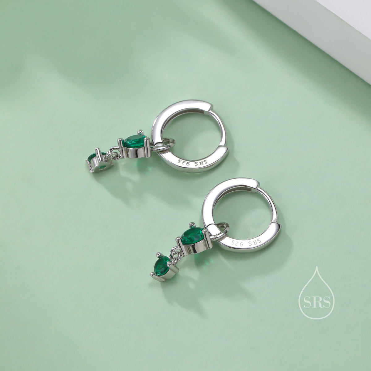 Double Emerald Green CZ Huggie Hoop Earrings in Sterling Silver, Silver or Gold, Detachable Charm Hoops, Geometric Hoop Earrings