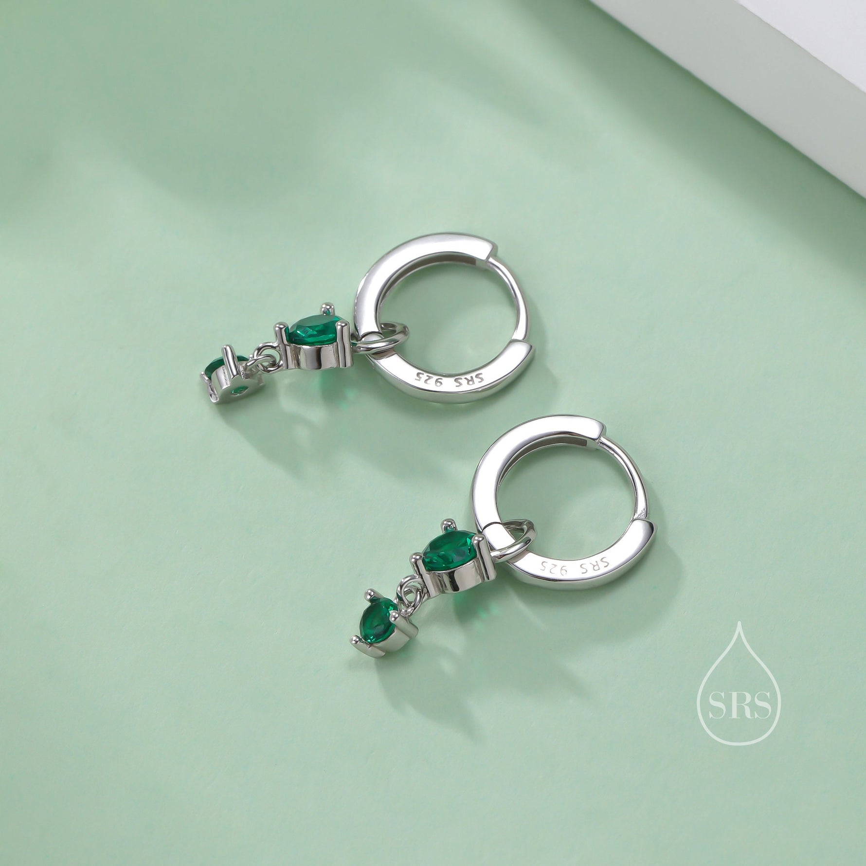 Double Emerald Green CZ Huggie Hoop Earrings in Sterling Silver, Silver or Gold, Detachable Charm Hoops, Geometric Hoop Earrings