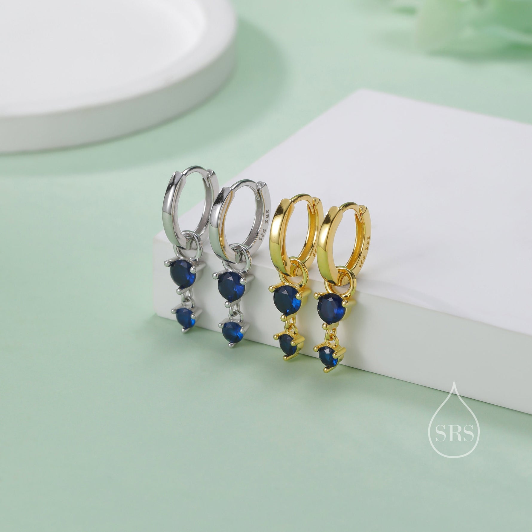 Double Sapphire Blue CZ Huggie Hoop Earrings in Sterling Silver, Silver or Gold, Detachable Charm Hoops, Geometric Hoop Earrings