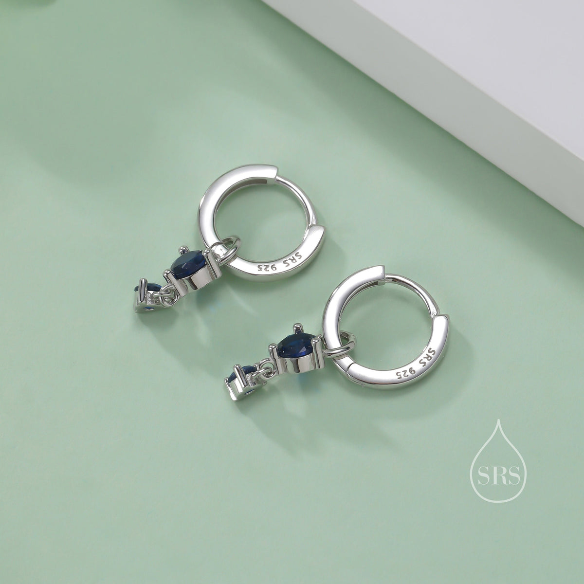Double Sapphire Blue CZ Huggie Hoop Earrings in Sterling Silver, Silver or Gold, Detachable Charm Hoops, Geometric Hoop Earrings