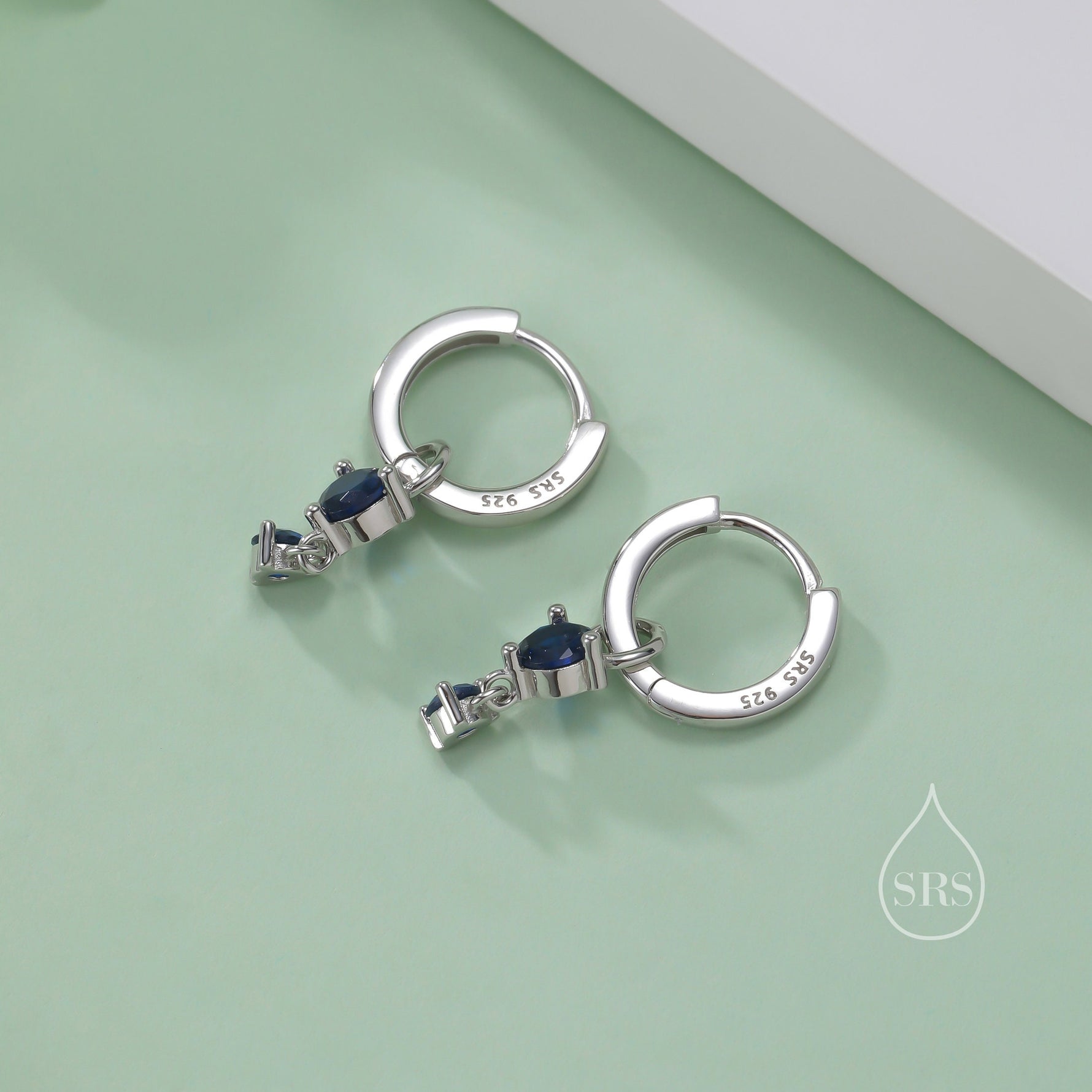 Double Sapphire Blue CZ Huggie Hoop Earrings in Sterling Silver, Silver or Gold, Detachable Charm Hoops, Geometric Hoop Earrings