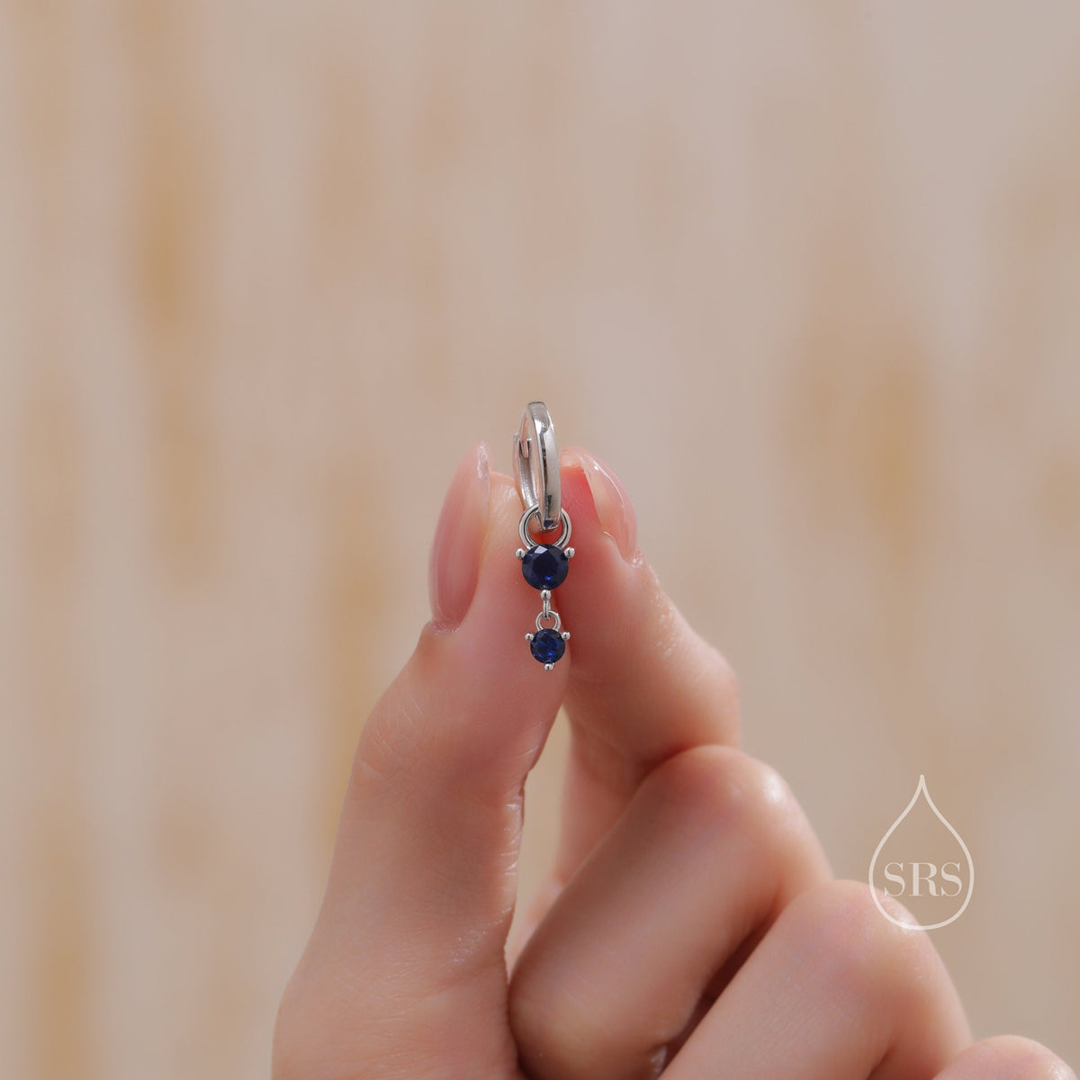 Double Sapphire Blue CZ Huggie Hoop Earrings in Sterling Silver, Silver or Gold, Detachable Charm Hoops, Geometric Hoop Earrings