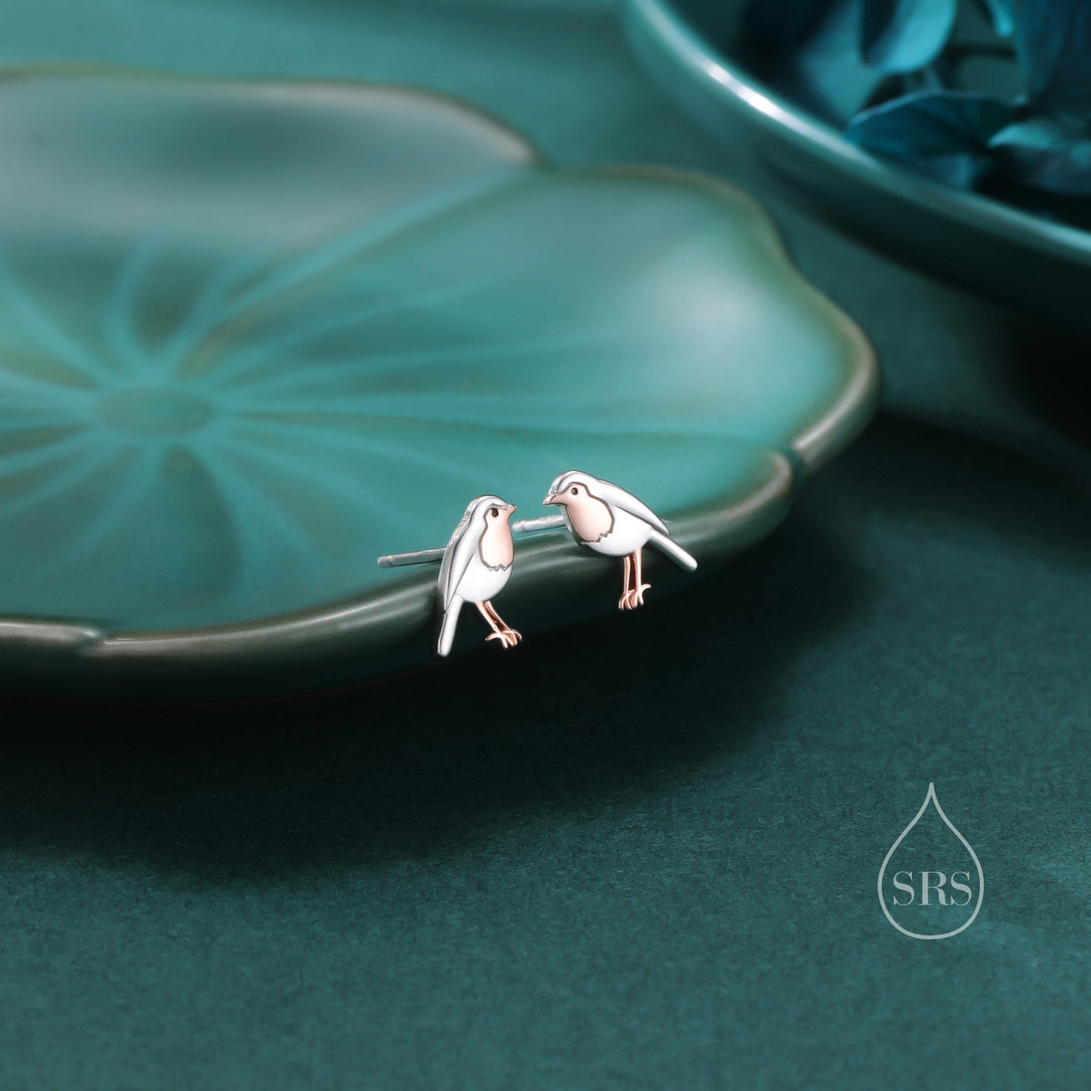 Dainty Robin Bird Stud Earrings in Sterling Silver, Partial Rose Gold Coating, British Bird Earrings, Nature Inspired Animal Earrings