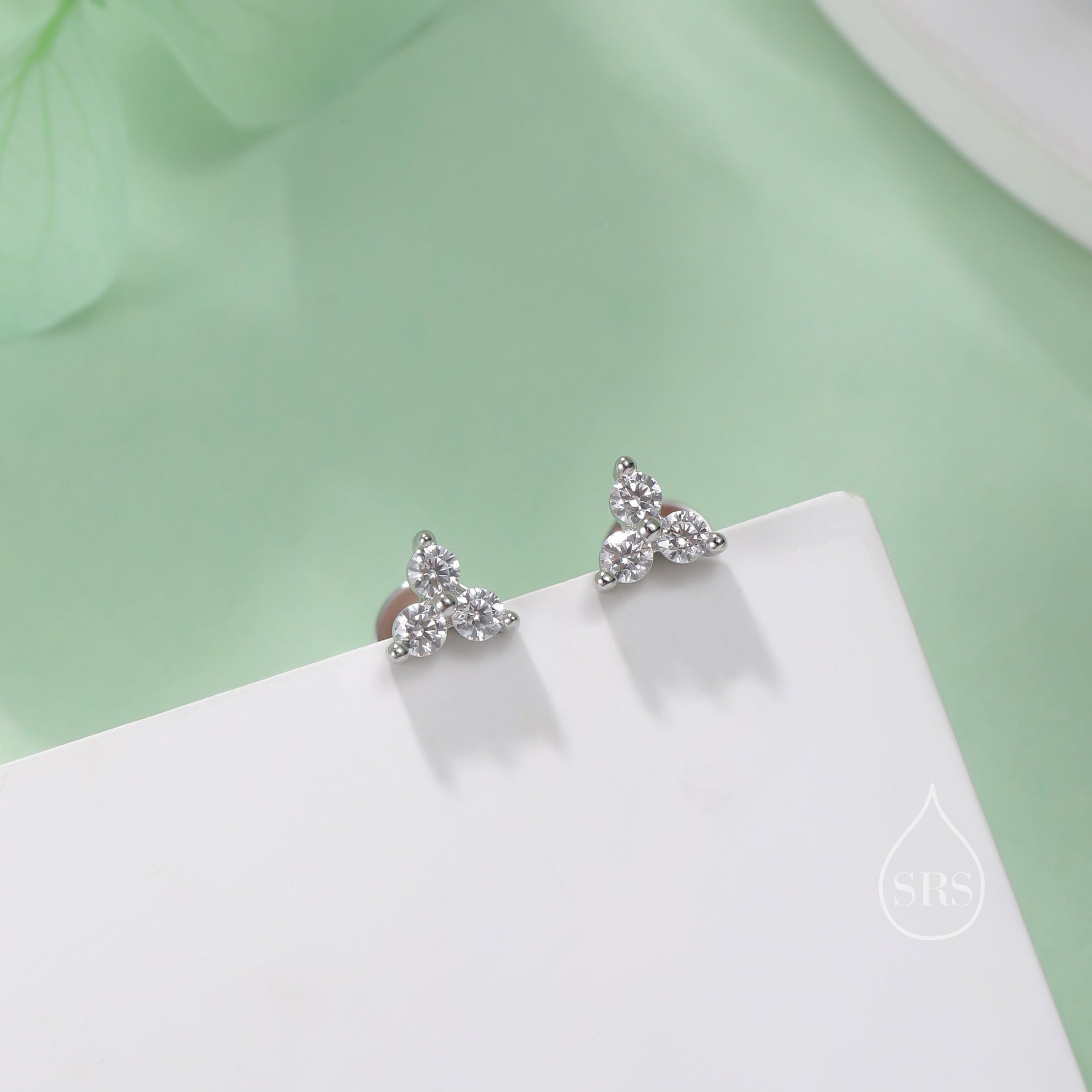CZ Trio Internally Threaded Flat Back/Screw back(Barbell)/Stud Earrings in Sterling Silver, CZ Three Dot Trio, Piercing Jewellery