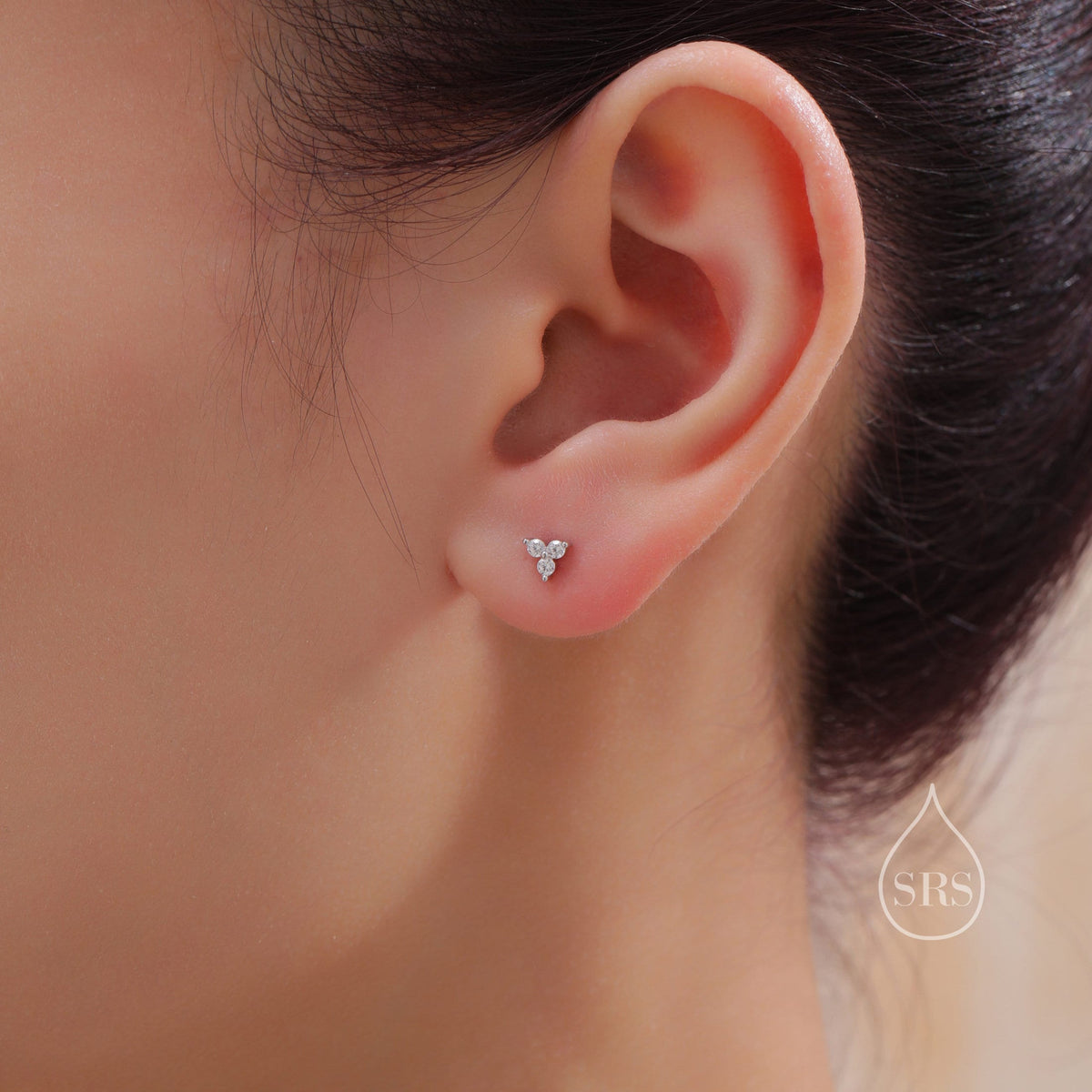 CZ Trio Internally Threaded Flat Back/Screw back(Barbell)/Stud Earrings in Sterling Silver, CZ Three Dot Trio, Piercing Jewellery