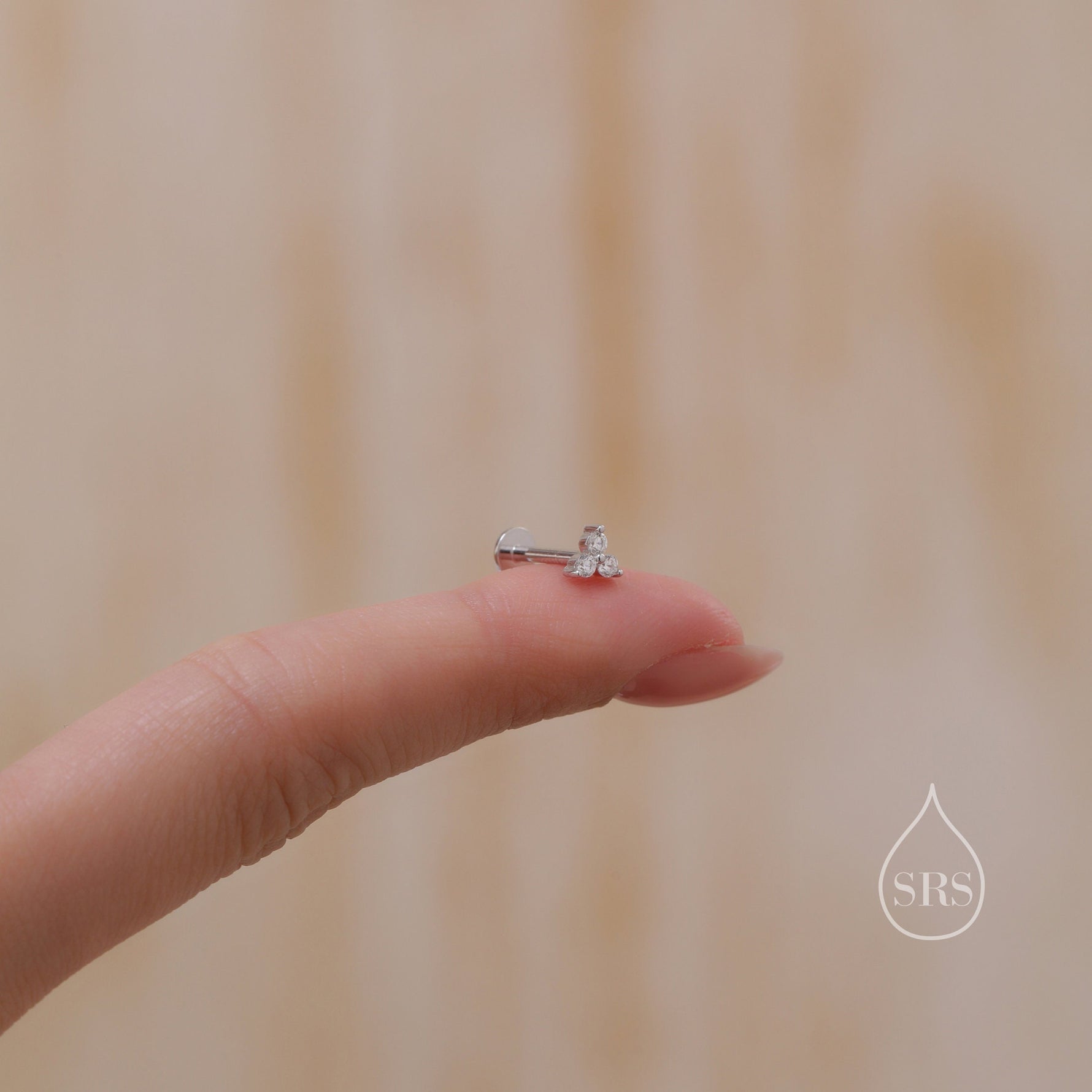 CZ Trio Internally Threaded Flat Back/Screw back(Barbell)/Stud Earrings in Sterling Silver, CZ Three Dot Trio, Piercing Jewellery