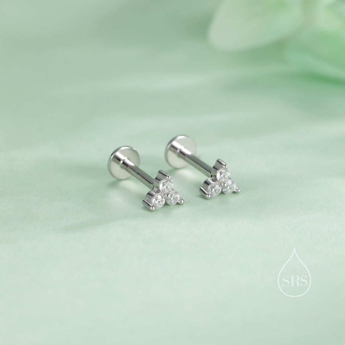 CZ Trio Internally Threaded Flat Back/Screw back(Barbell)/Stud Earrings in Sterling Silver, CZ Three Dot Trio, Piercing Jewellery