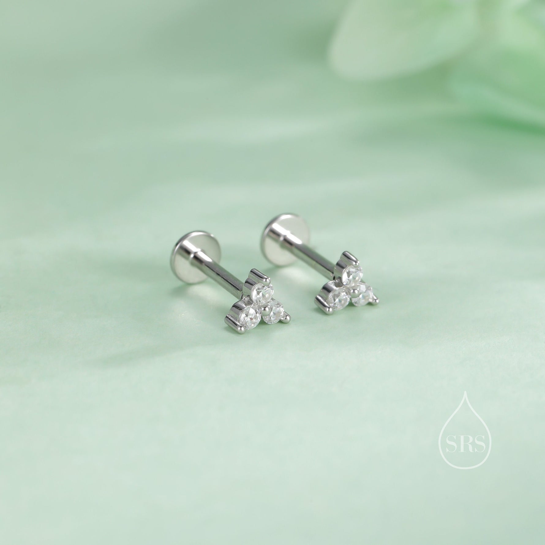 CZ Trio Internally Threaded Flat Back/Screw back(Barbell)/Stud Earrings in Sterling Silver, CZ Three Dot Trio, Piercing Jewellery