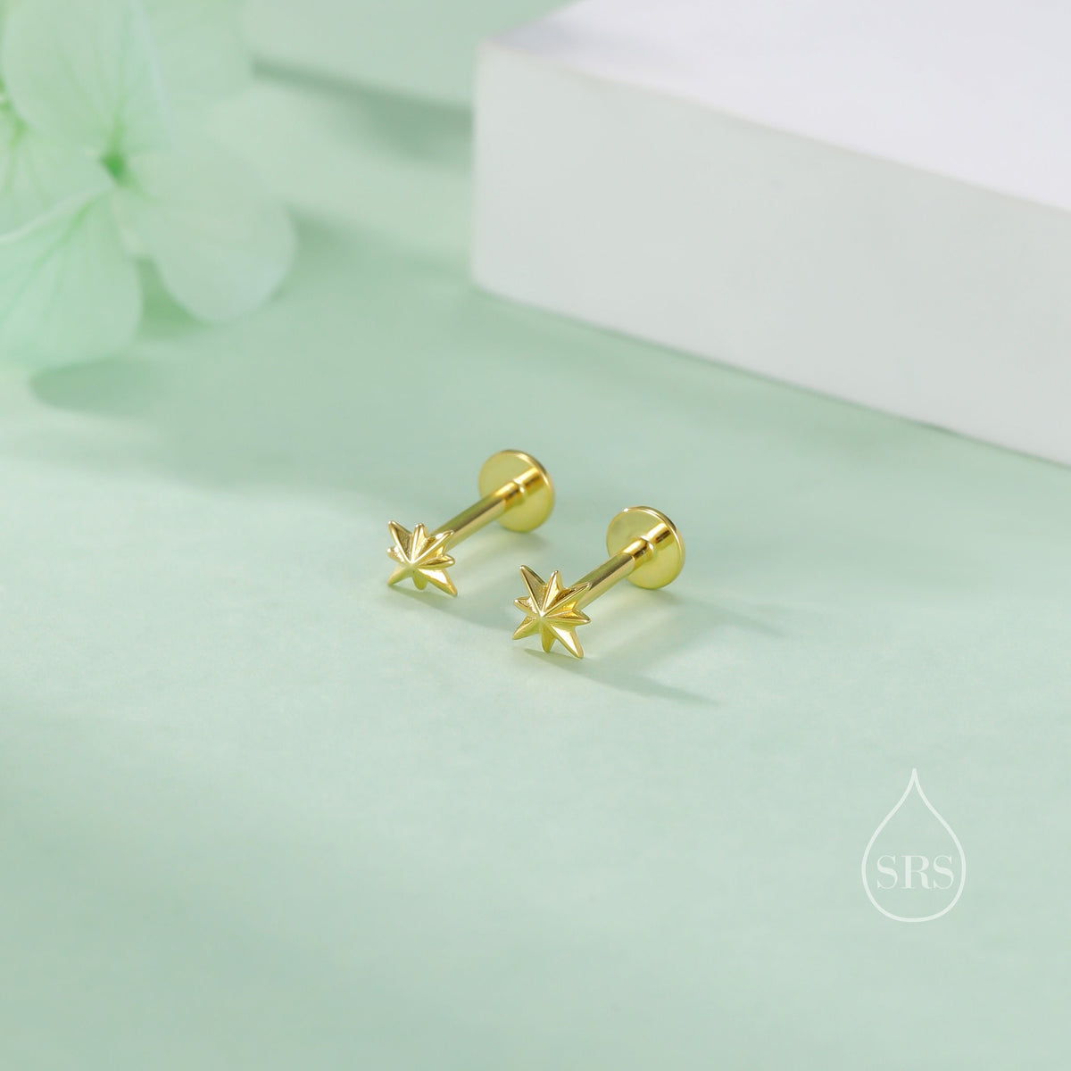 Internally Threaded Tiny Starburst Flat Back Earrings in Sterling Silver, Star Earrings, Piercing Jewellery