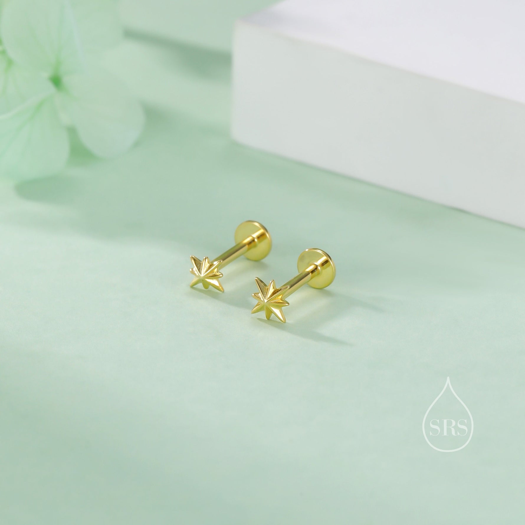 Internally Threaded Tiny Starburst Flat Back Earrings in Sterling Silver, Star Earrings, Piercing Jewellery