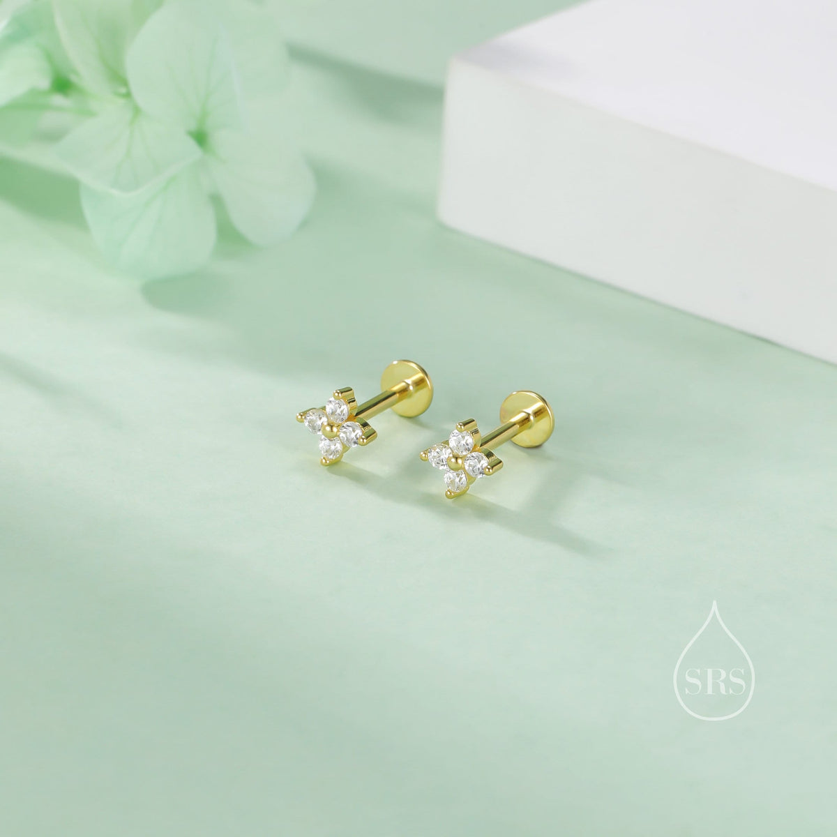 Hydrangea CZ 16G Internally Threaded Flat Back Earrings in Sterling Silver