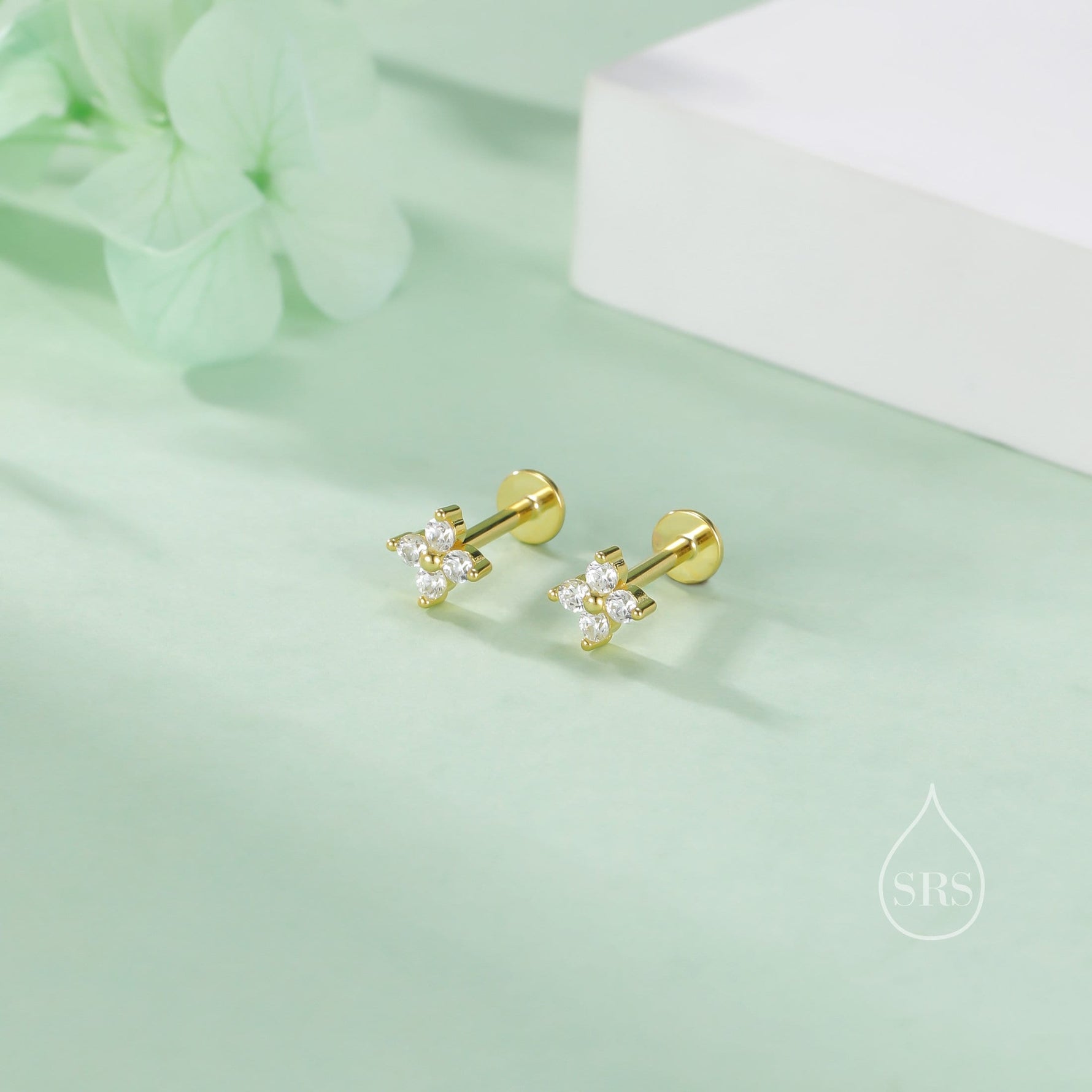 Hydrangea CZ 16G Internally Threaded Flat Back Earrings in Sterling Silver