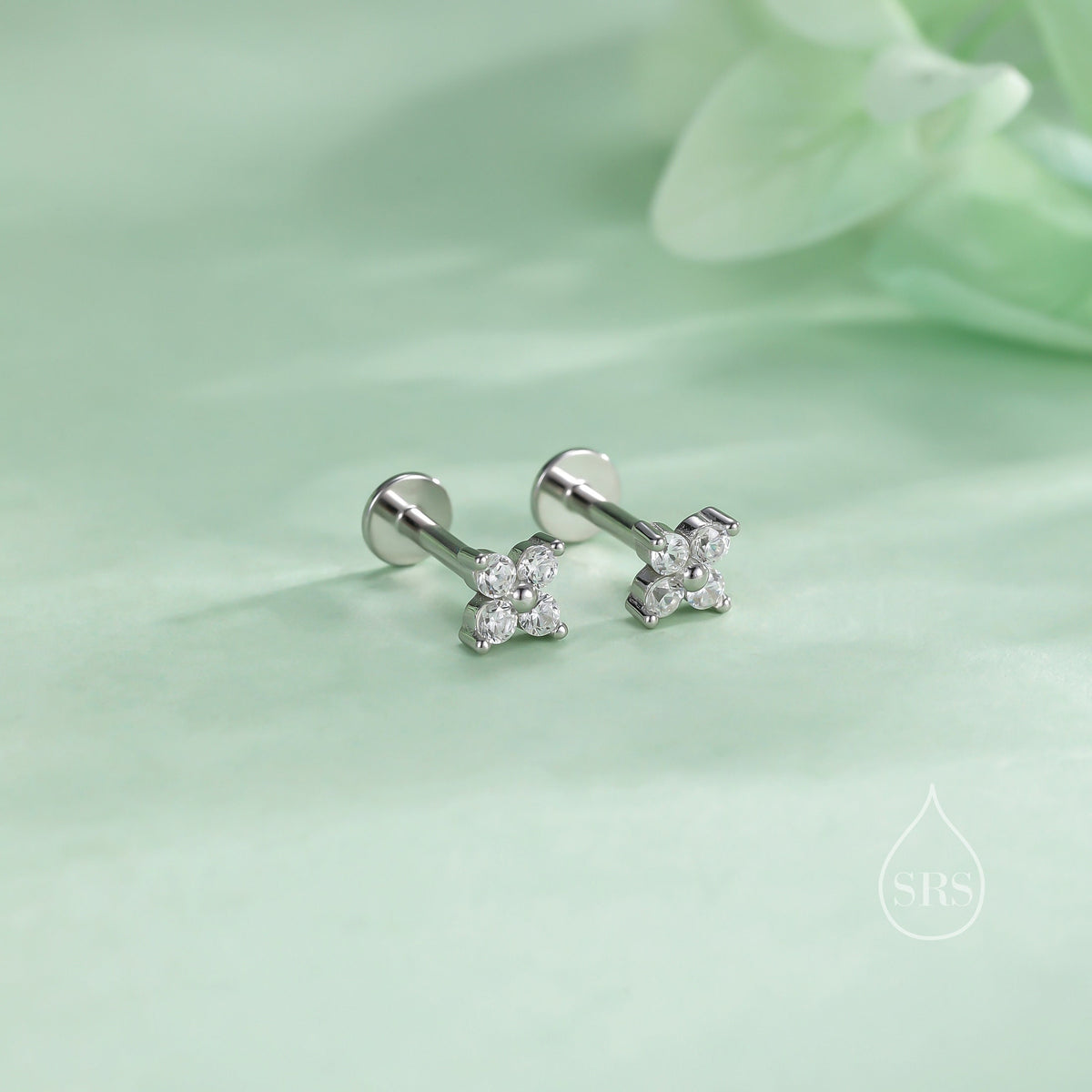 Hydrangea CZ 16G Internally Threaded Flat Back Earrings in Sterling Silver