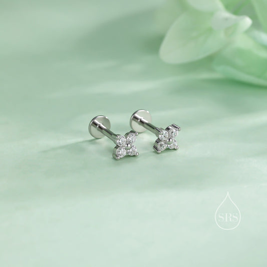 Hydrangea CZ Internally Threaded Flat Back/Screw back(Barbell)/ Stud Earrings in Sterling Silver, CZ Flower Earrings, Piercing Jewellery