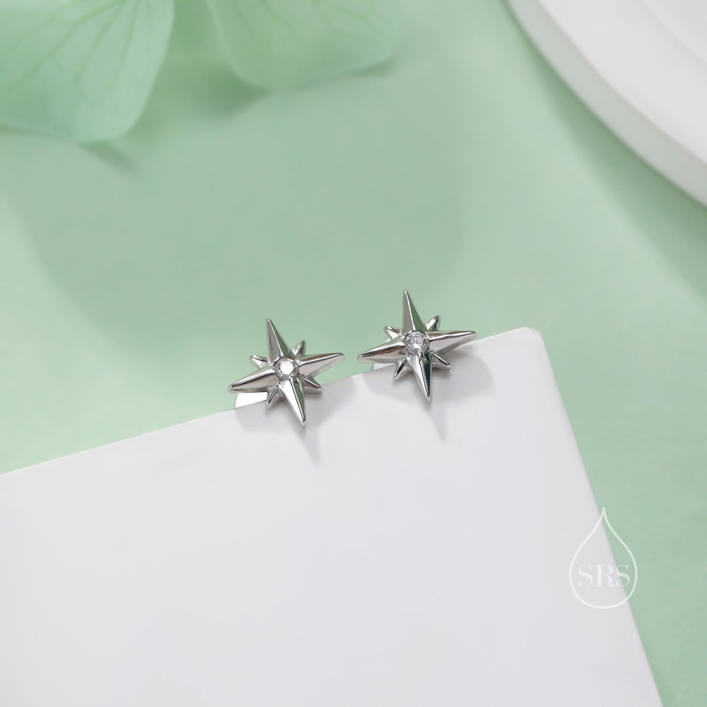 Internally Threaded Tiny CZ Starburst Flat Back Earrings in Sterling Silver, Star Earrings, Piercing Jewellery, 6mm post length.