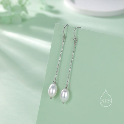 Genuine Oval Freshwater Pearl Drop Hook Earrings in Sterling Silver, Silver or Gold, Irregular Shape Natural Pearl Long Dangle Earrings