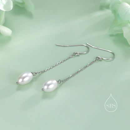 Genuine Oval Freshwater Pearl Drop Hook Earrings in Sterling Silver, Silver or Gold, Irregular Shape Natural Pearl Long Dangle Earrings