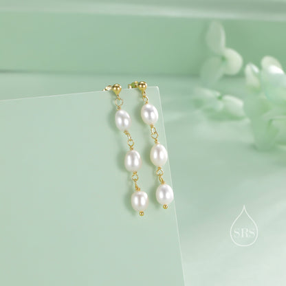 Genuine Freshwater Pearl Trio Drop Earrings in Sterling Silver, Delicate Oval Pearl Cascade Dangle Earrings, Silver or Gold