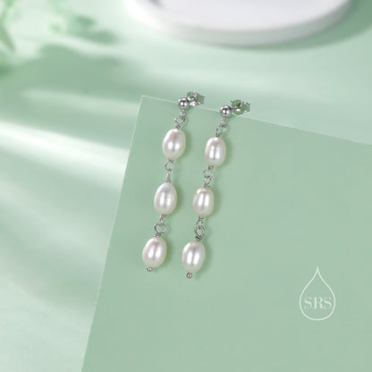Genuine Freshwater Pearl Trio Drop Earrings in Sterling Silver, Delicate Oval Pearl Cascade Dangle Earrings, Silver or Gold