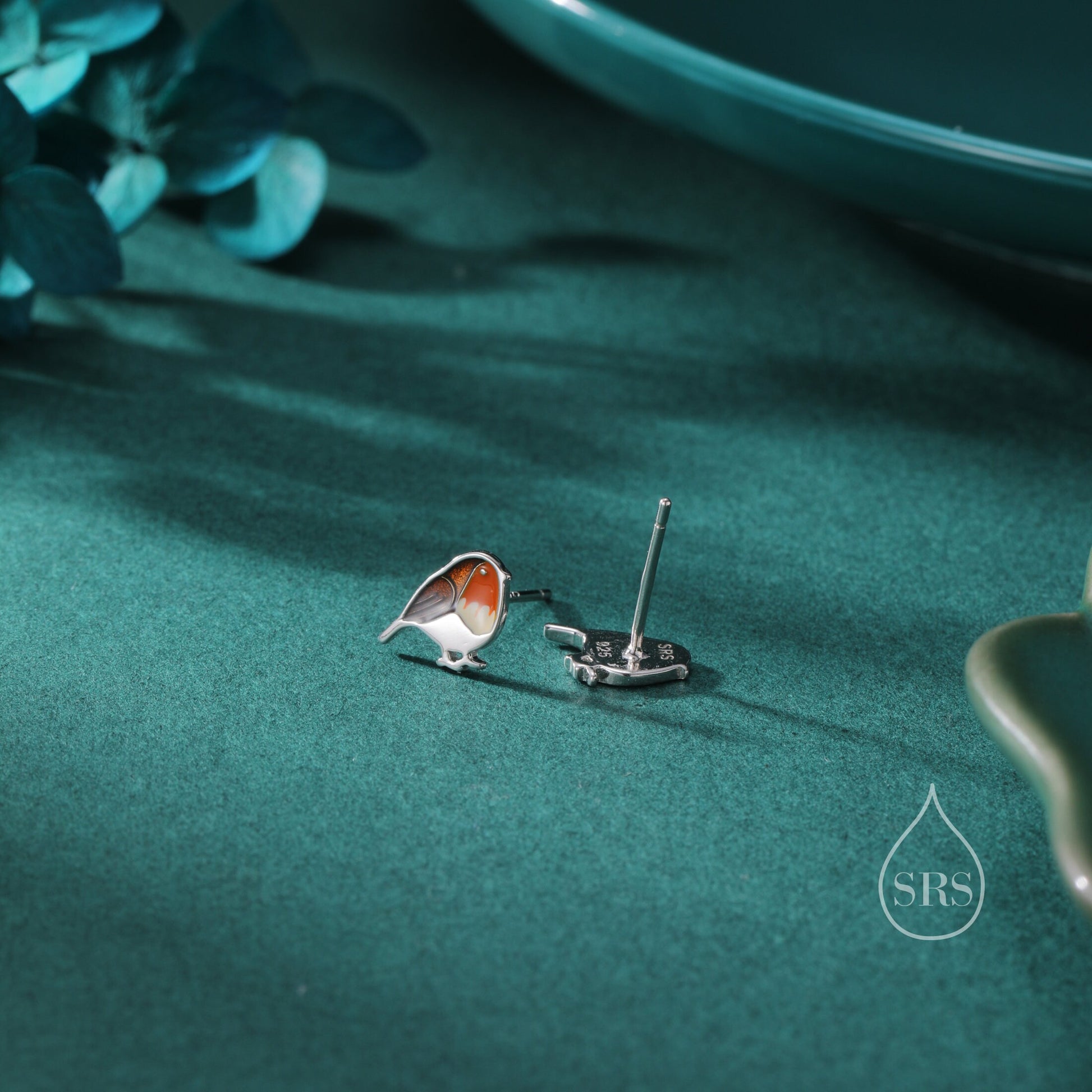 Hand Painted Robin Bird Stud Earrings in Sterling Silver, British Bird Earrings, Nature Inspired Animal Earrings