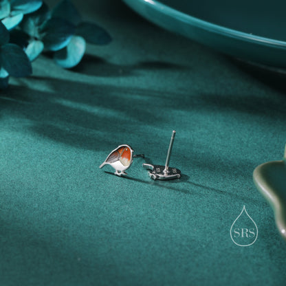 Hand Painted Robin Bird Stud Earrings in Sterling Silver, British Bird Earrings, Nature Inspired Animal Earrings
