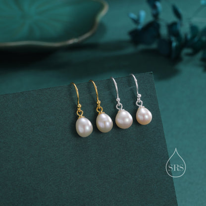 Genuine Tiny Droplet Freshwater Pearl Drop Hook Earrings in Sterling Silver, Silver or Gold, Delicate Pear Pearl Earrings, Genuine Pearls