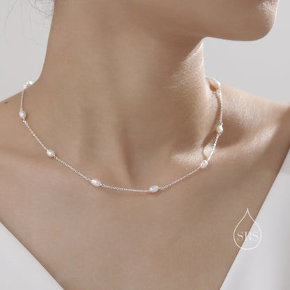 Natural Oval Pearl Choker Necklace in Sterling Silver, Silver or Gold, Genuine Freshwater Pearls, Pearl Necklace