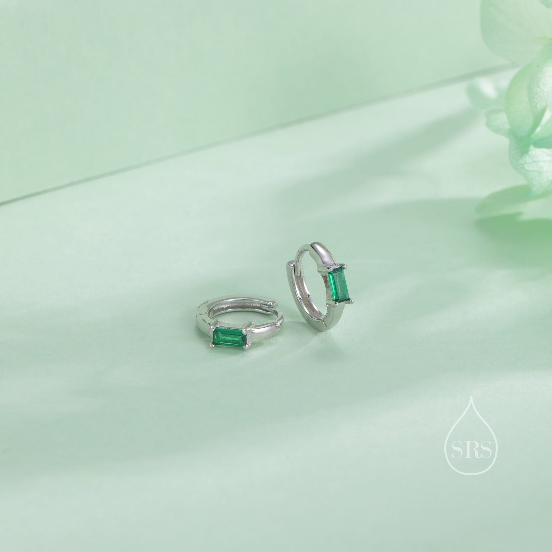 Emerald Green Single Baguette Cut CZ Huggie Hoop in Sterling Silver, Silver or Gold, Minimalist Simple Green Hoop Earrings