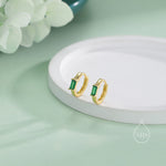 Emerald Green Single Baguette Cut CZ Huggie Hoop in Sterling Silver, Silver or Gold, Minimalist Simple Green Hoop Earrings