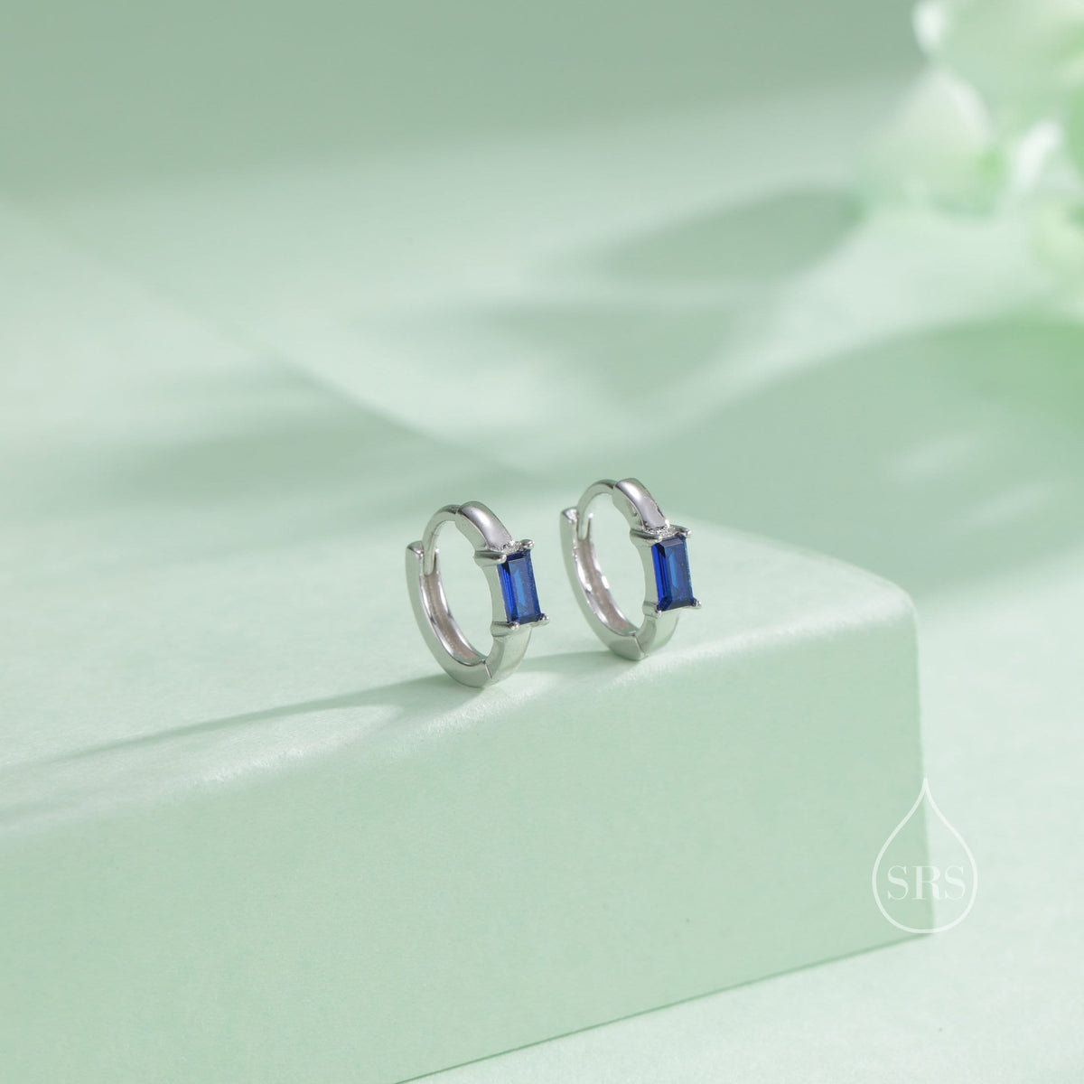 Sapphire Blue Single Baguette Cut CZ Huggie Hoop in Sterling Silver, Silver or Gold, Minimalist Simple Blue Hoop Earrings