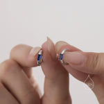 Sapphire Blue Single Baguette Cut CZ Huggie Hoop in Sterling Silver, Silver or Gold, Minimalist Simple Blue Hoop Earrings