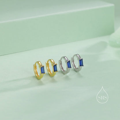 Sapphire Blue Single Baguette Cut CZ Huggie Hoop in Sterling Silver, Silver or Gold, Minimalist Simple Blue Hoop Earrings