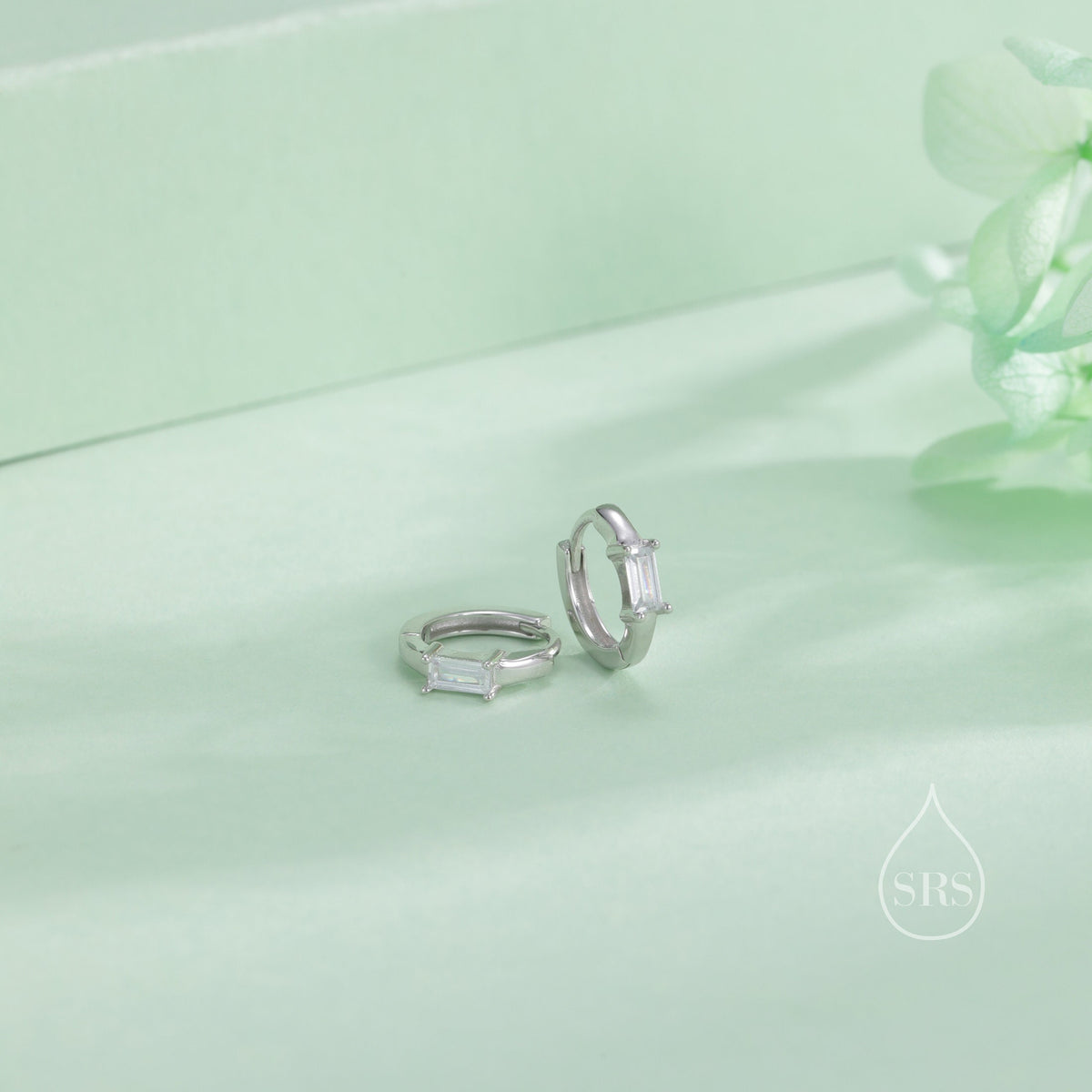 Minimalist Single Baguette Cut CZ Huggie Hoop in Sterling Silver, Silver or Gold, Minimalist Simple Hoop Earrings