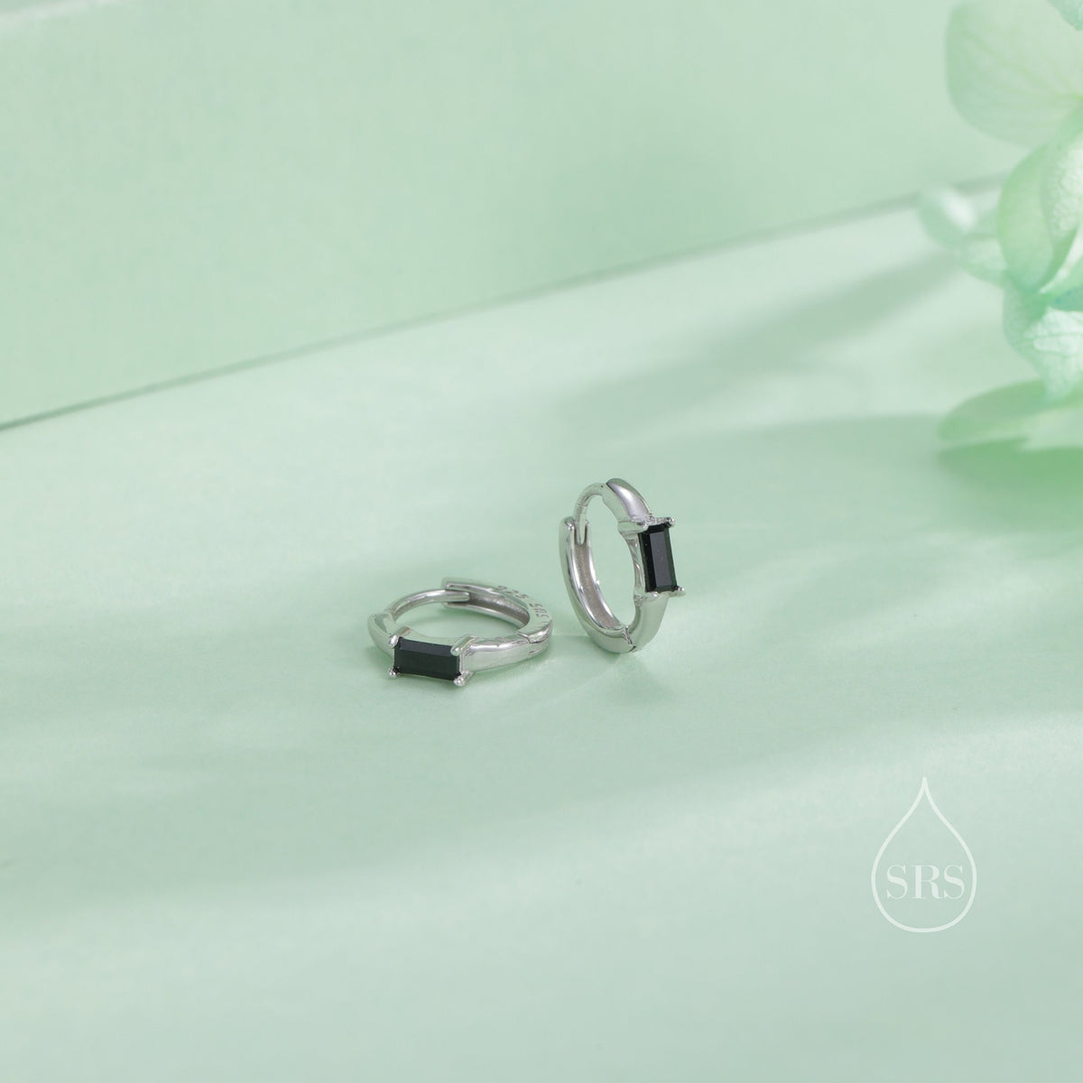 Black Single Baguette Cut CZ Huggie Hoop in Sterling Silver, Silver or Gold, Minimalist Simple Black Hoop Earrings