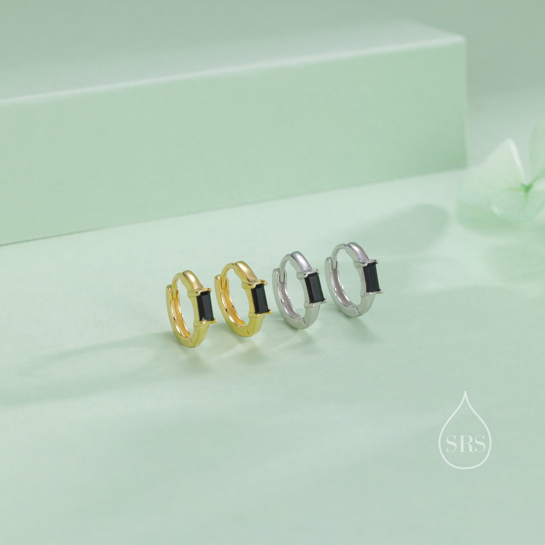 Black Single Baguette Cut CZ Huggie Hoop in Sterling Silver, Silver or Gold, Minimalist Simple Black Hoop Earrings