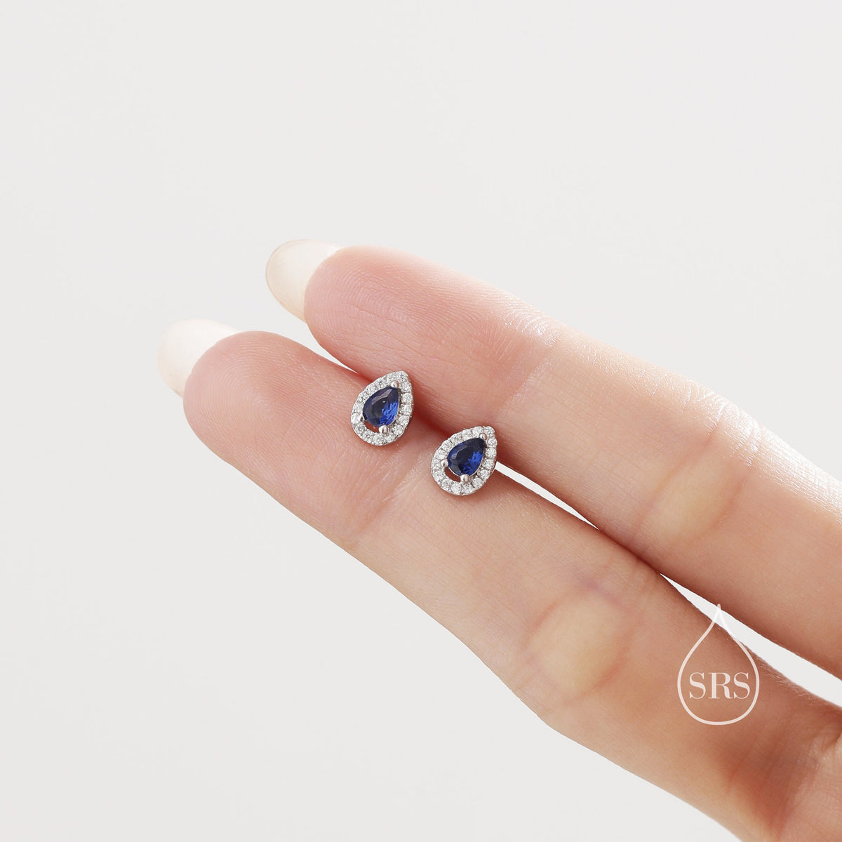 Tiny Sapphire Blue Droplet CZ Halo Stud Earrings in Sterling Silver, Silver or Gold, Tiny Pear Cut CZ Stud Earrings, September Birthstone
