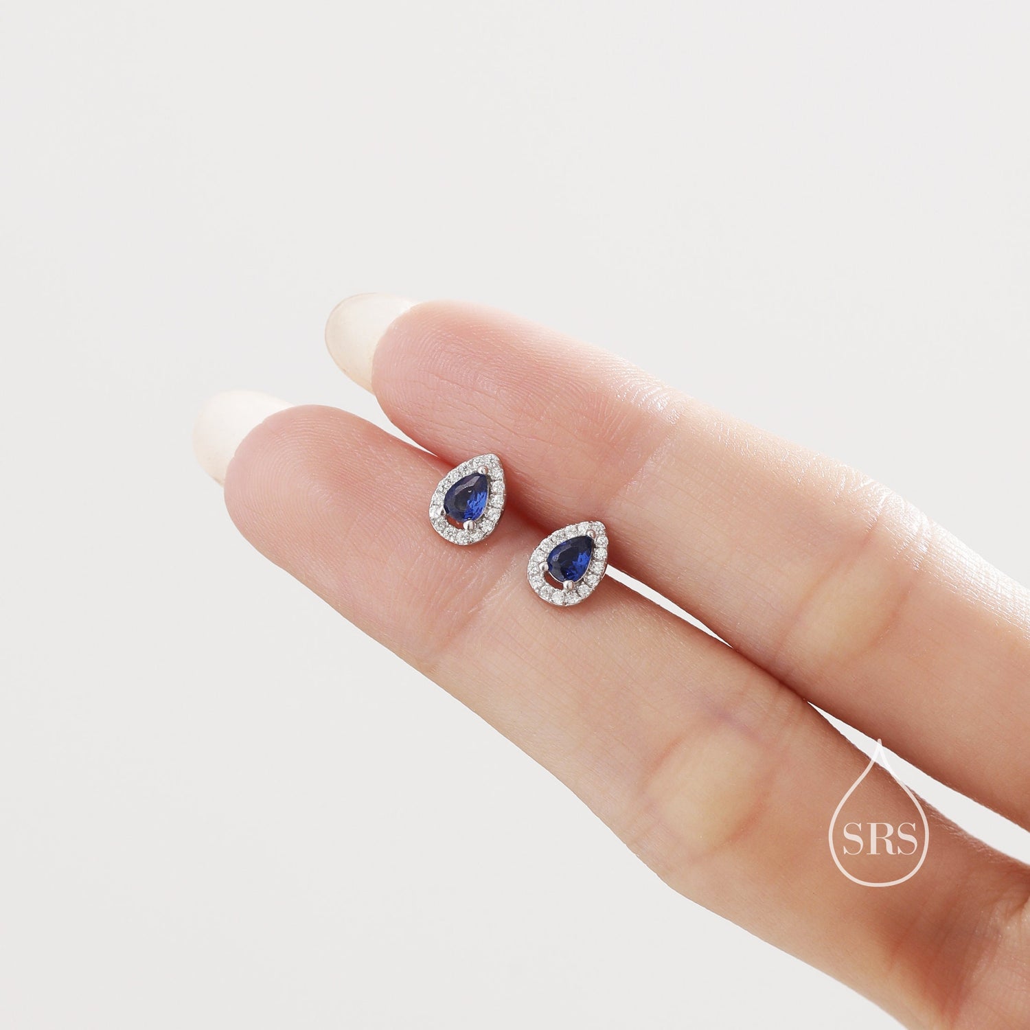 Tiny Sapphire Blue Droplet CZ Halo Stud Earrings in Sterling Silver, Silver or Gold, Tiny Pear Cut CZ Stud Earrings, September Birthstone