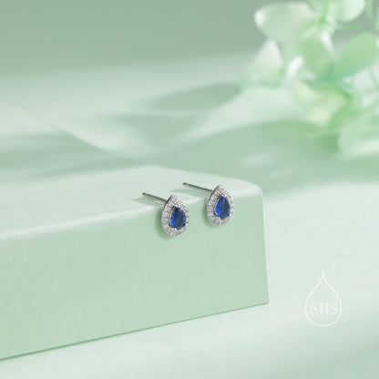 Tiny Sapphire Blue Droplet CZ Halo Stud Earrings in Sterling Silver, Silver or Gold, Tiny Pear Cut  CZ Stud Earrings, September Birthstone