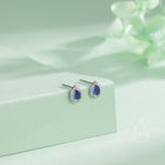 Tiny Sapphire Blue Droplet CZ Halo Stud Earrings in Sterling Silver, Silver or Gold, Tiny Pear Cut CZ Stud Earrings, September Birthstone