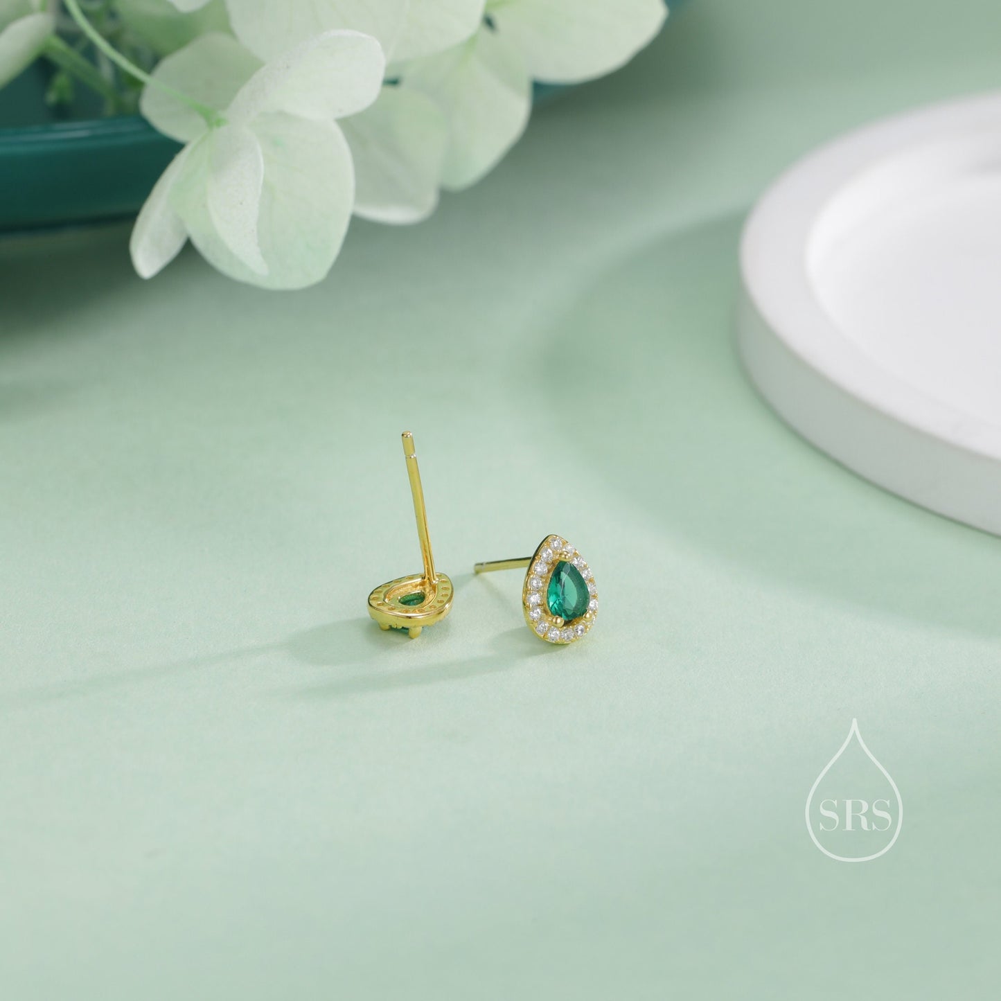 Tiny Emerald Green Droplet CZ Halo Stud Earrings in Sterling Silver, Silver or Gold, Tiny Pear Cut CZ Stud Earrings, May Birthstone